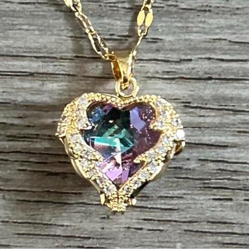 Gold Heart 18K Yellow Cubic Zirconia Amethyst Heart Pendant 18" Steel Necklace